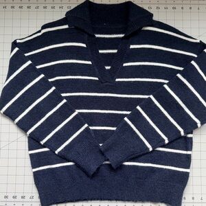 SHEIN Navy and White Striped V-Neck Sweater